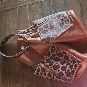 Brown Vegan Leather Leopard Print Shoulder Bag